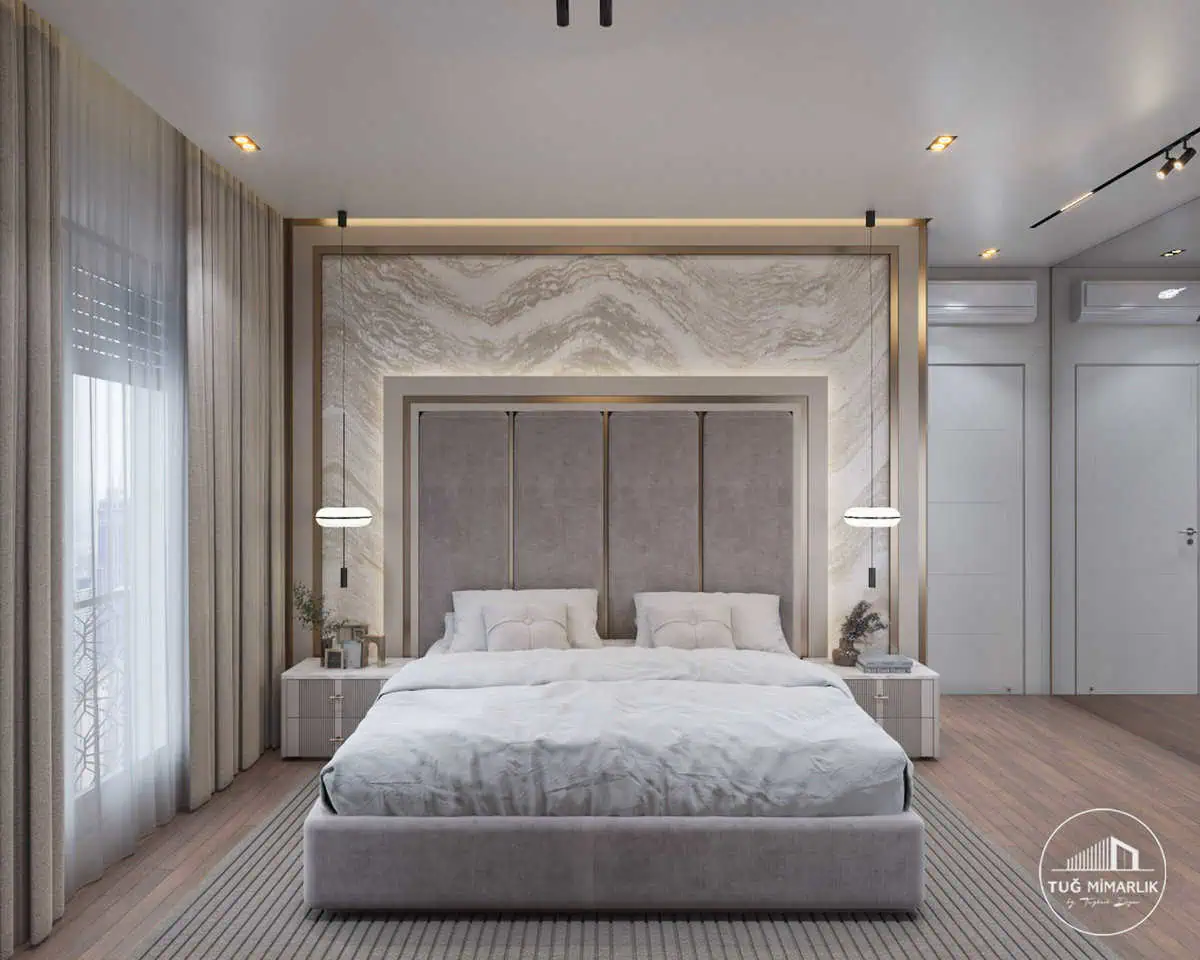 Bağdat Caddesi yatak odası yatak başı ve mermer desen duvar – Tuğ Mimarlık