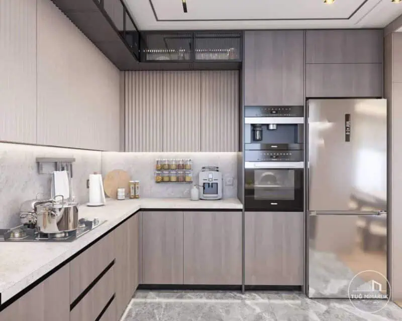 Özel ölçüye göre tasarlanmış modern mutfak iç mimari projesi – Tuğ Mimarlık