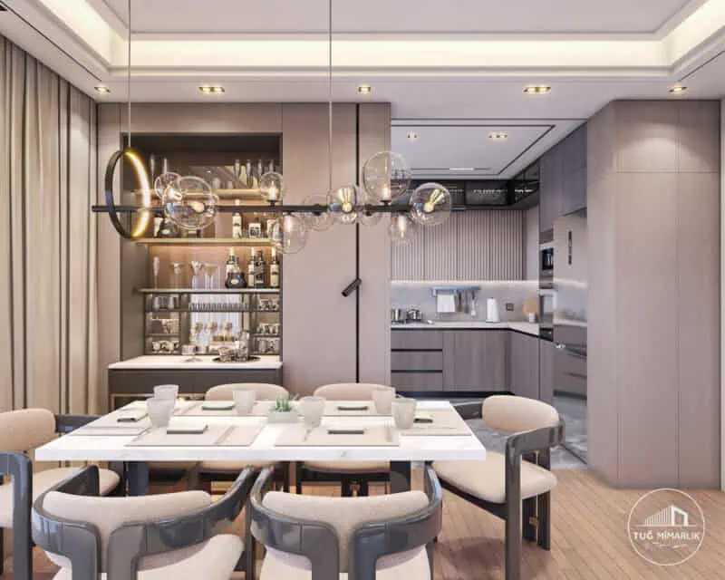 Tuğ Mimarlık tarafından anahtar teslim olarak tasarlanmış ve uygulanmış modern mutfak ve yemek alanı