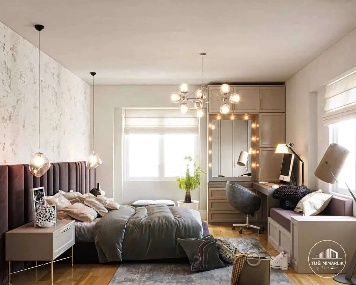 Ömerli Park Villaları genç kız odası yatak ve çalışma alanı tasarımı – Tuğ Mimarlık
