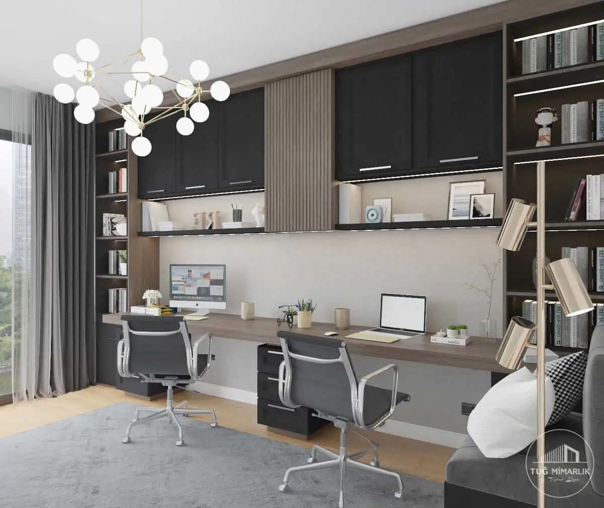 Koyu kapaklı üst dolap, açık raf ve LED aydınlatmalı çalışma odası
