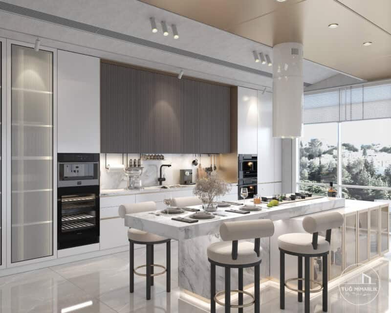 Düşler Vadisi Riva mutfak adası yan görünüm ve oturma alanı