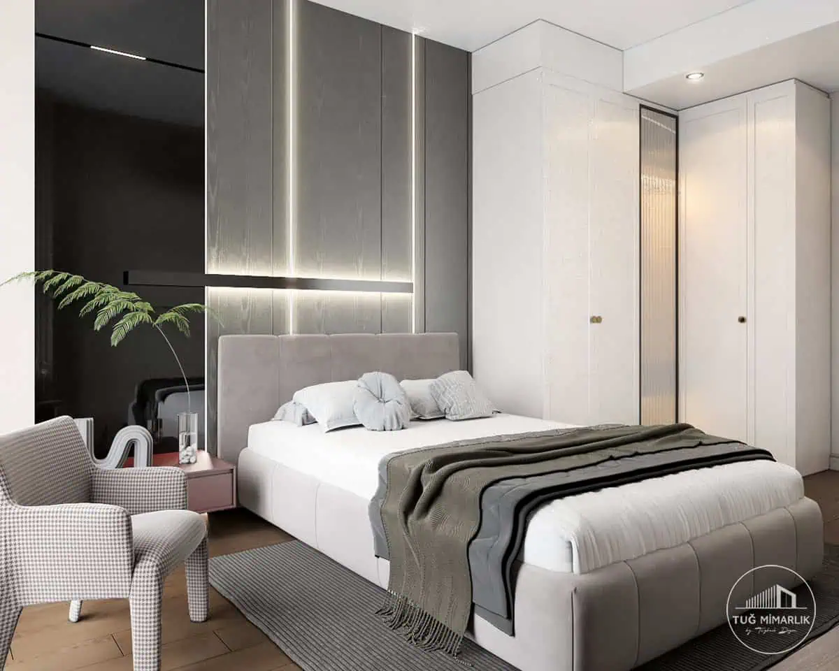 Büyükhanlı Residence genç yatak odası tasarımı, LED çizgili başlık duvarı ve perde katmanı