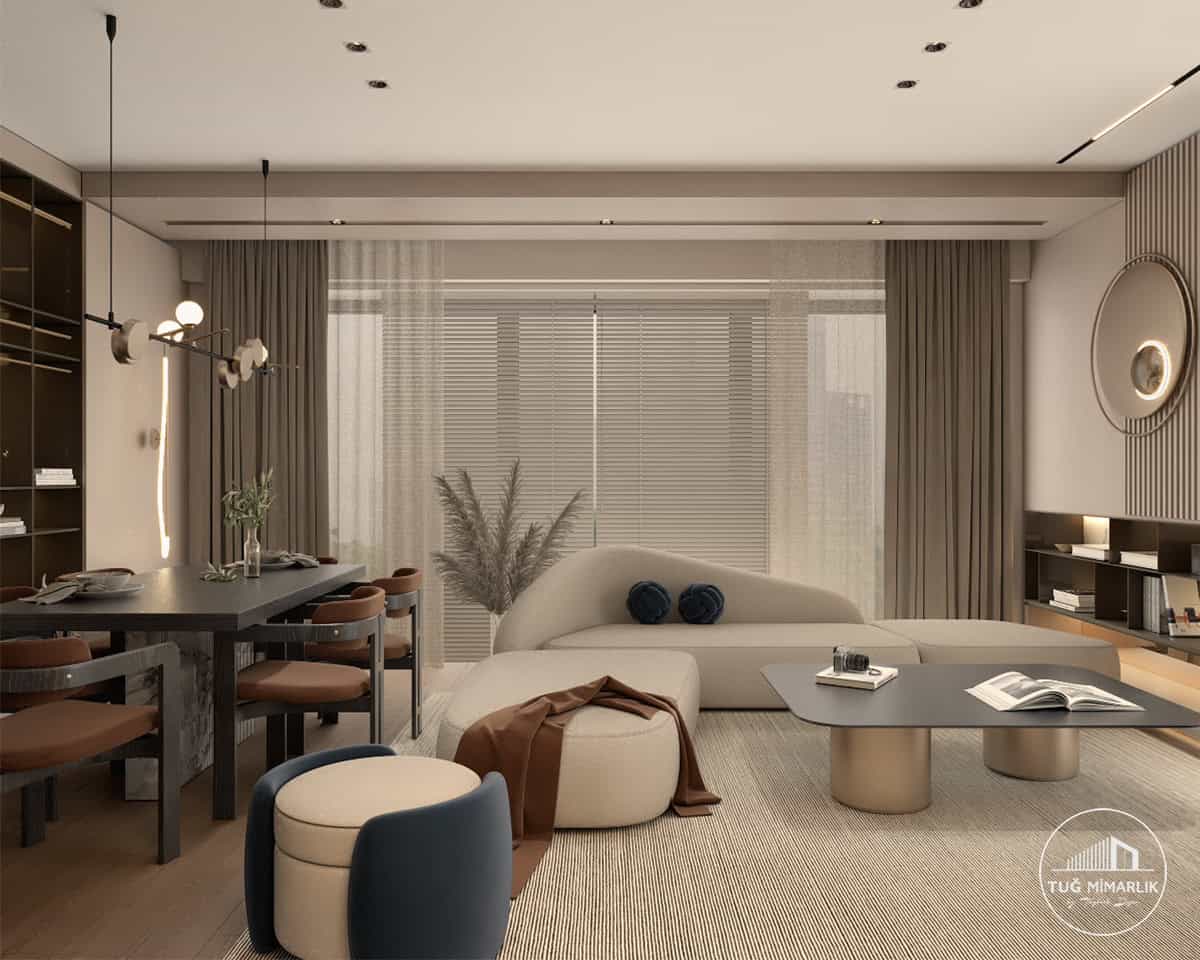 Büyükhanlı Residence salon tasarımı geniş açı oturma alanı ve perdeler