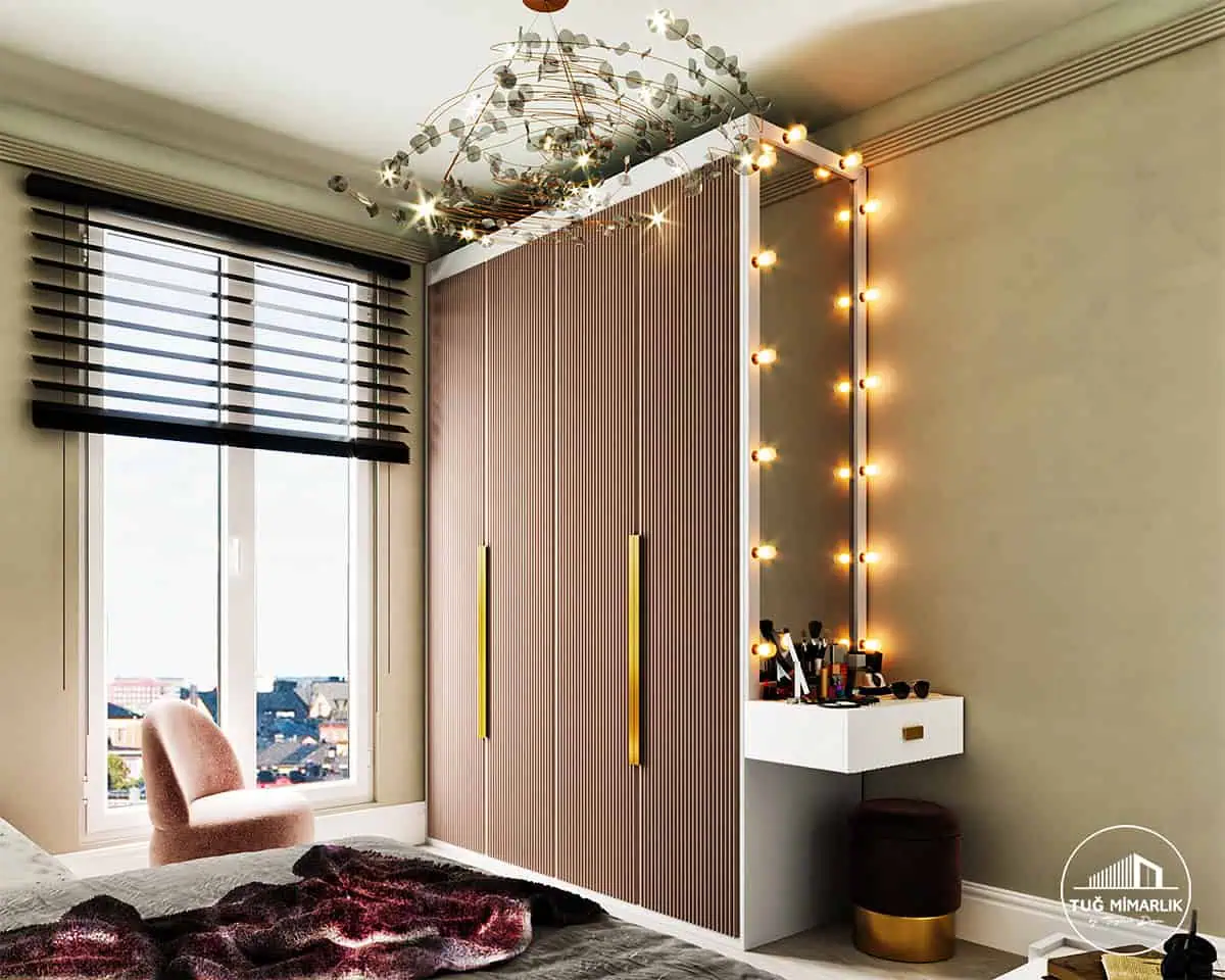 Çukurambar genç odası tasarımı aydınlatmalı makyaj köşesi ve çekmeceli konsol