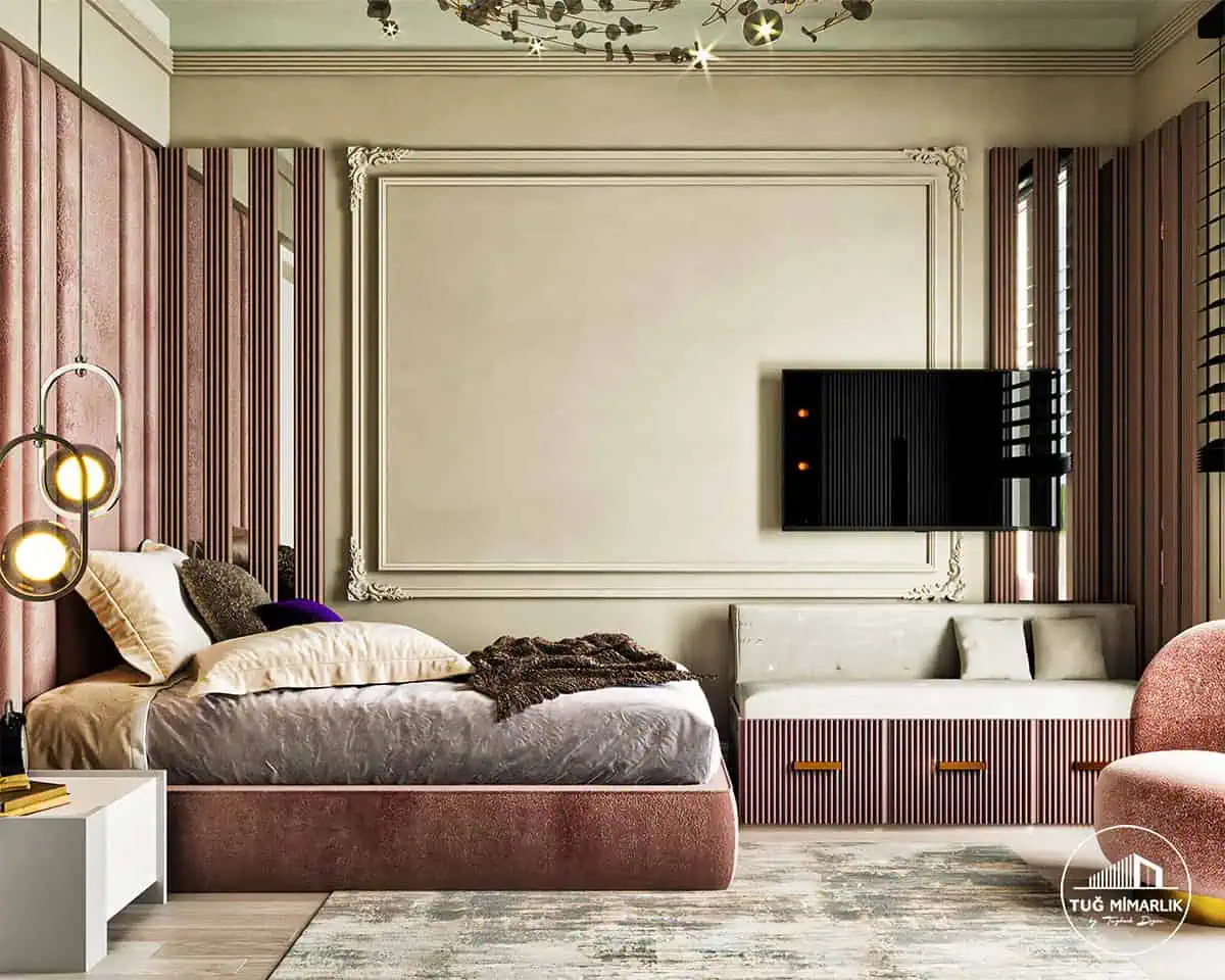 Çukurambar genç odası tasarımı klasik duvar çıtaları tv paneli oturma bankı çekmeceli ve kadife yatak