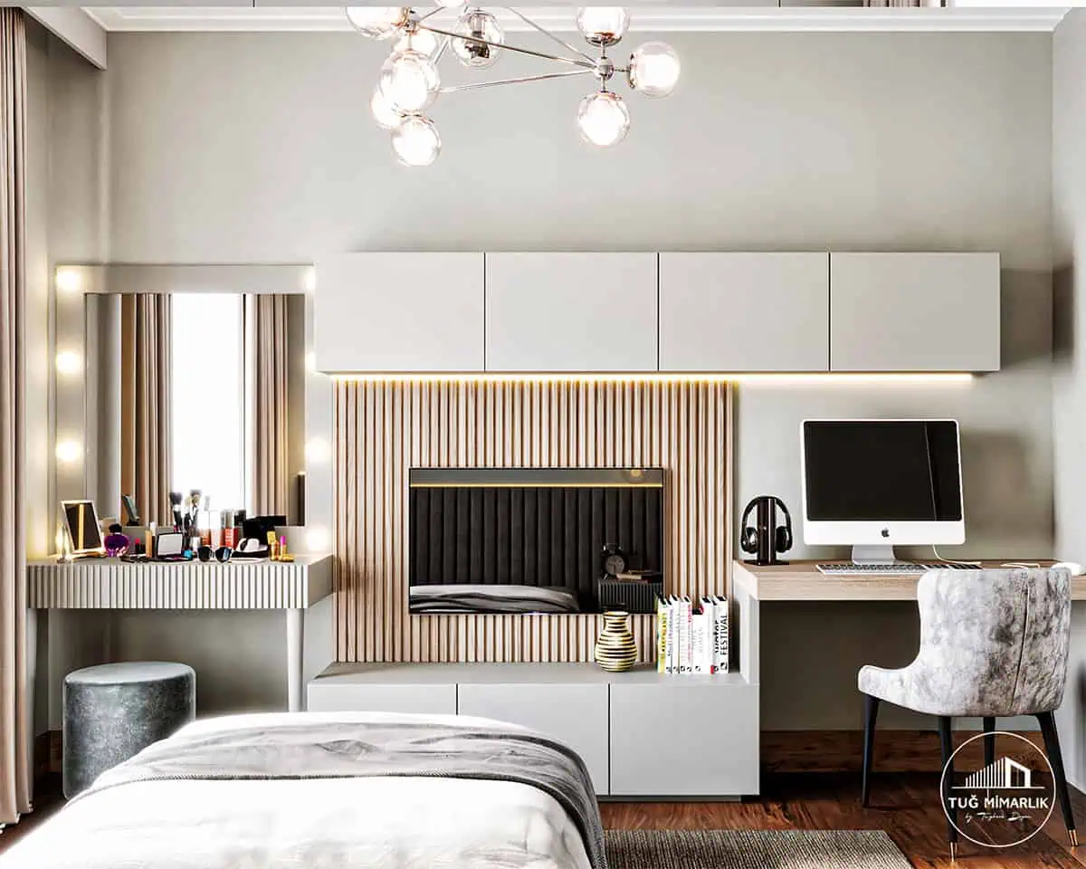 Dilman Modern Erenköy genç kız odası; makyaj masası aynası, TV paneli ve çalışma masası bir arada