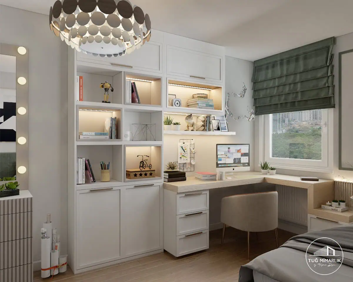 Kadıköy genç odası tasarımı çalışma masası, led raf ve pencere önü yerleşimi