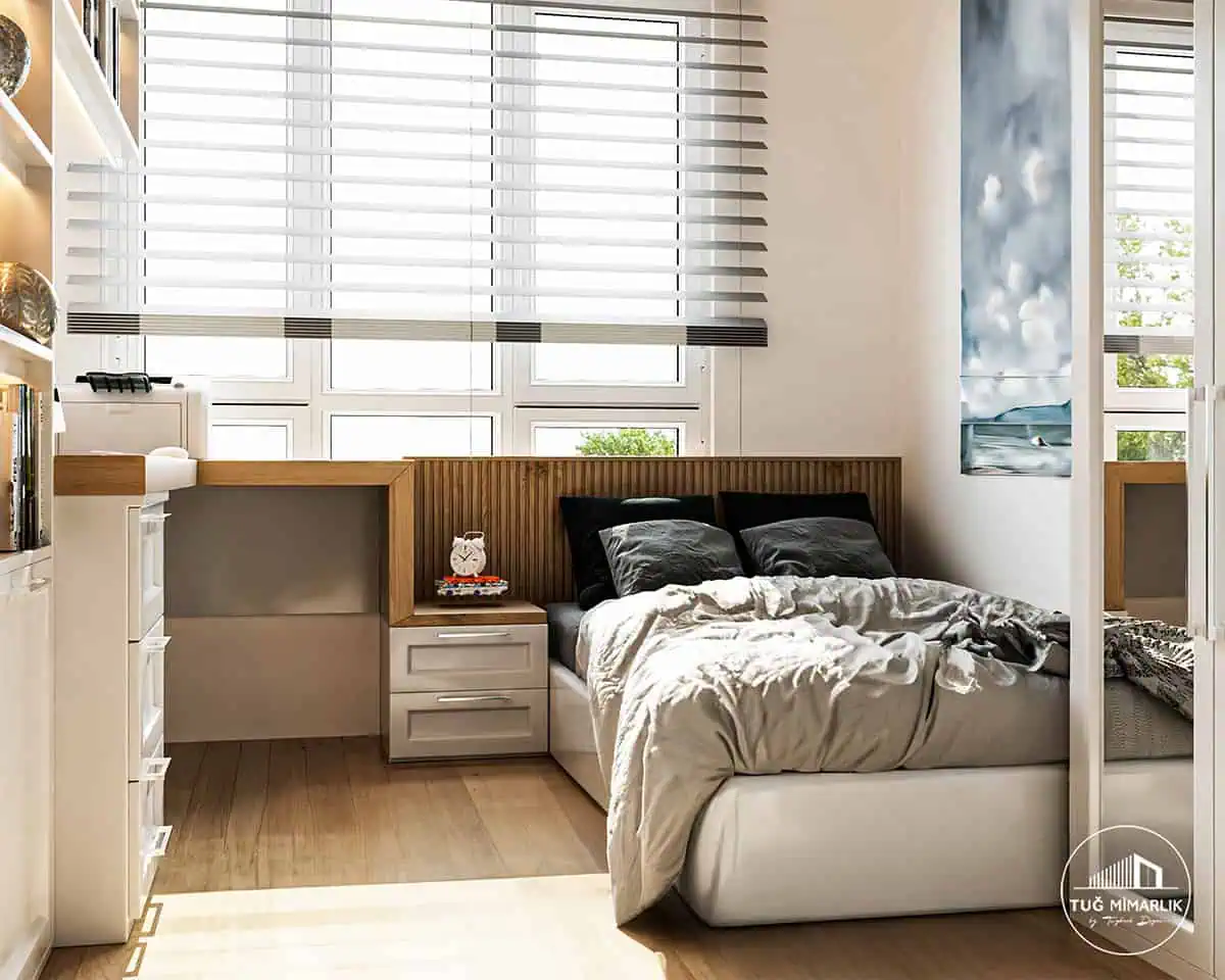 Mesa Orman genç odası tasarımı çıtalı başlık paneli, ahşap detay ve pencere önü entegre çalışma alanı