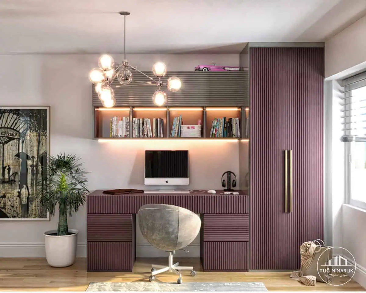 Ömerli genç odası tasarımı özel kütüphane rafları LED aydınlatma ve geniş depolama dolapları