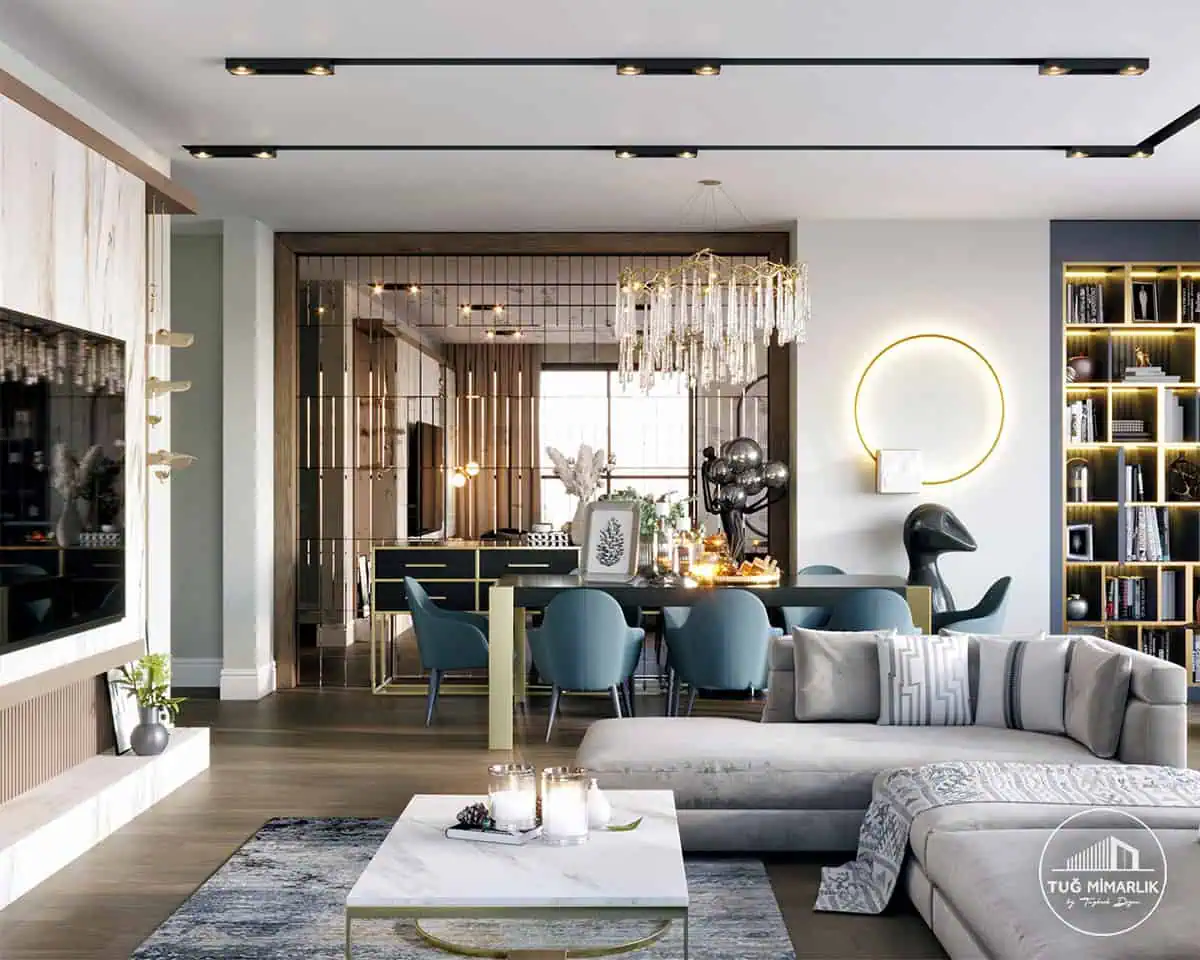 salon iç dekorasyon örnekleri – premium aydınlatma, geniş oturum ve bar alanı detayları